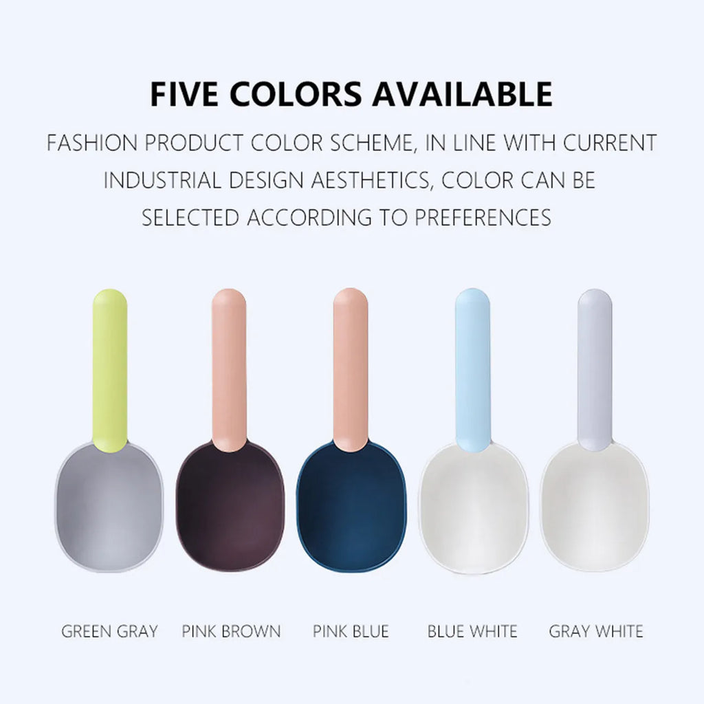 Blue pet food scoop with long handle and bag clip on a 7.87-inch scale