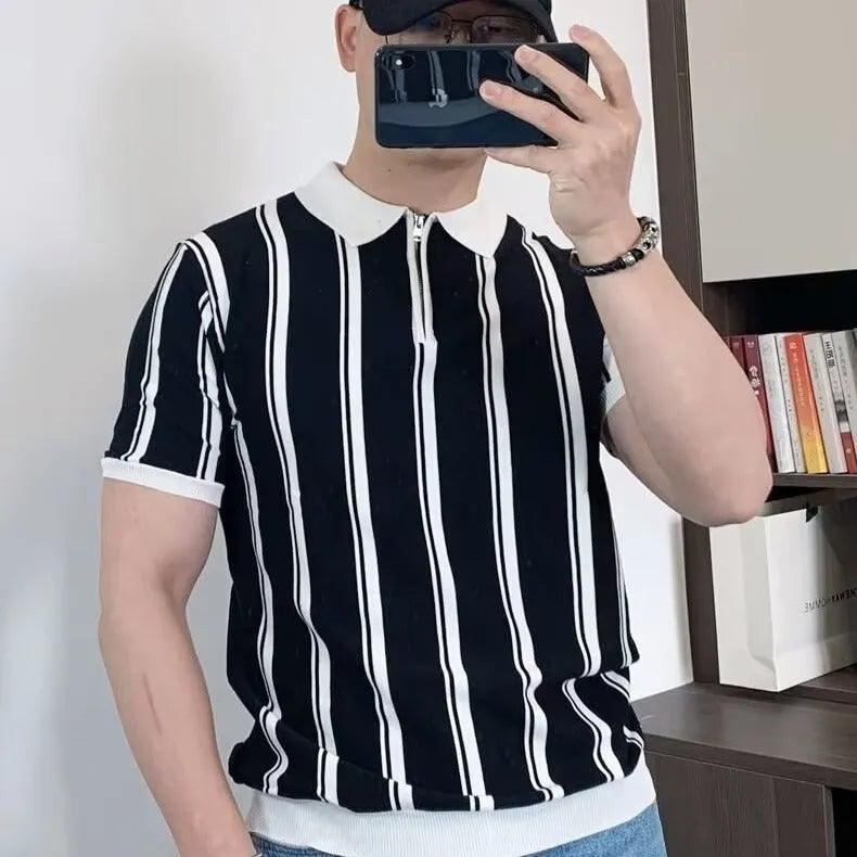 Korean style vintage stripe men's casual t-shirt with front zipper detail in black