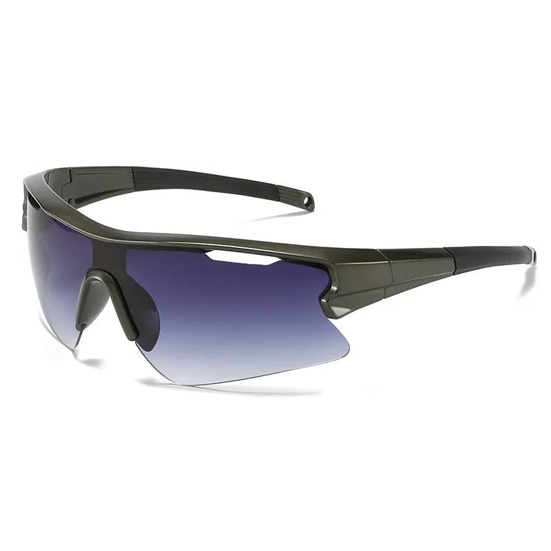 Windproof sports cycling sunglasses in black frame with grey lens on outdoor background.