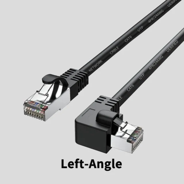 Cat6 Ethernet cable with right-angle RJ45 connector in various colours and lengths