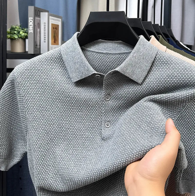 Men's loose fit short sleeve cotton pullover sweater in grey, showing relaxed casual style
