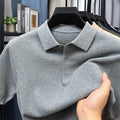 Men's loose fit short sleeve cotton pullover sweater in grey, showing relaxed casual style