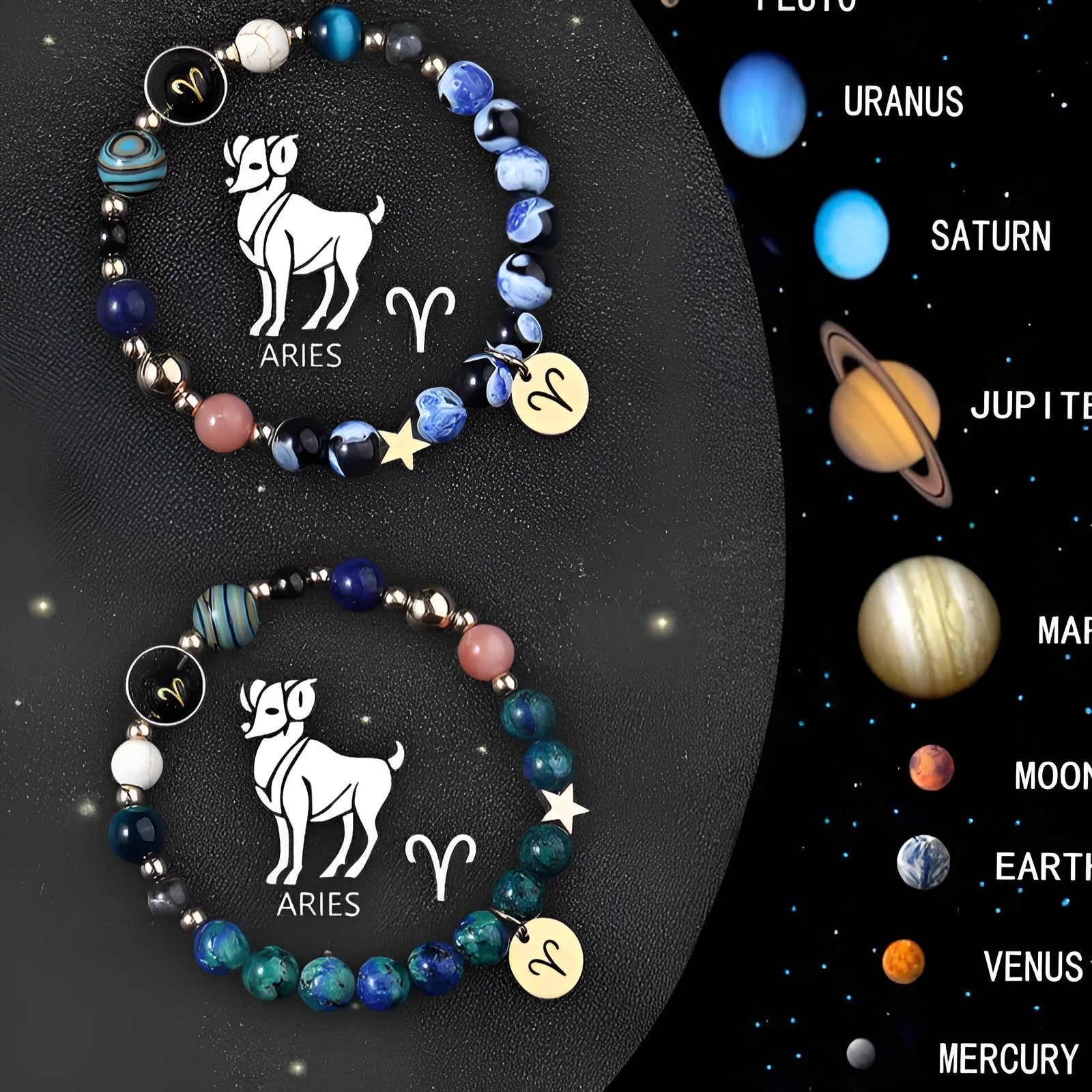 Set of two natural stone beaded bracelets with zodiac sign charms on an adjustable cord.