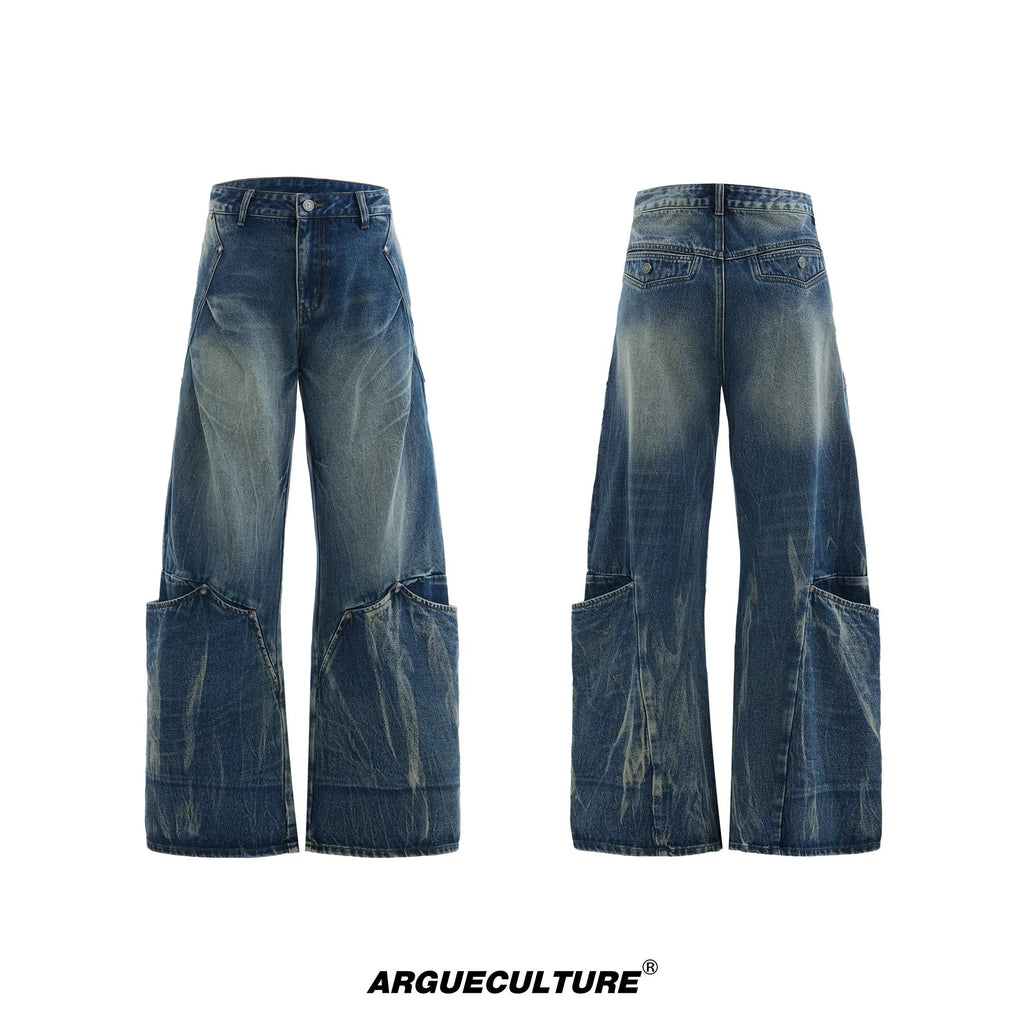Men's verdant blue retro jeans with burst pattern and curved knife detailing