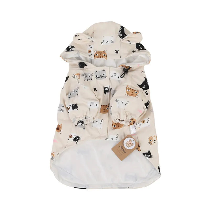 Beige cartoon print dog raincoat with double waterproof PU coating.