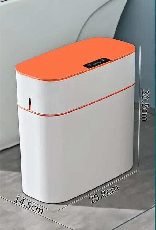 Automatic electric trash bin with inductive sensor, white plastic 15L long barrel shape, USB charging base
