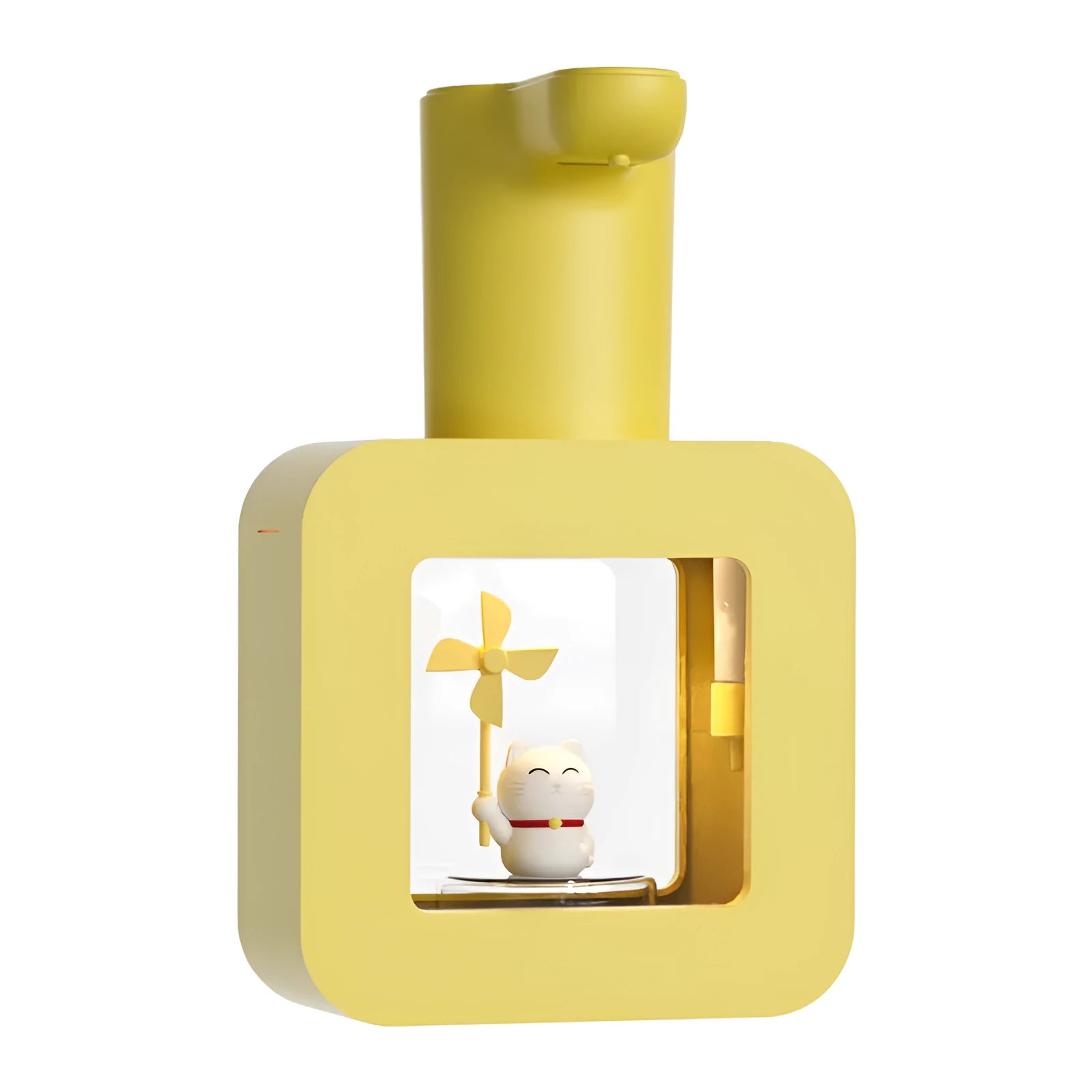 Yellow automatic foam soap dispenser with cartoon unicorn and kitten designs for kids bathroom