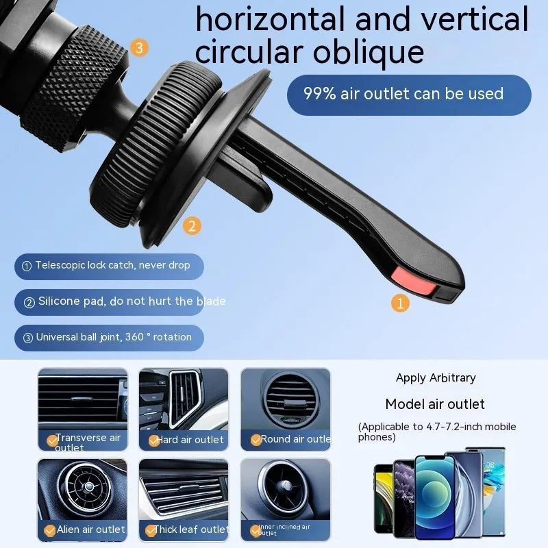 Silver aluminum alloy car air vent phone holder bracket with snap-on clip.