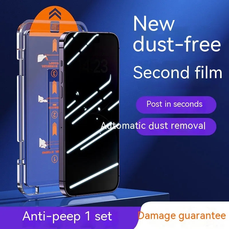 Tempered glass iPhone screen protector with frosted privacy coating and full coverage design.