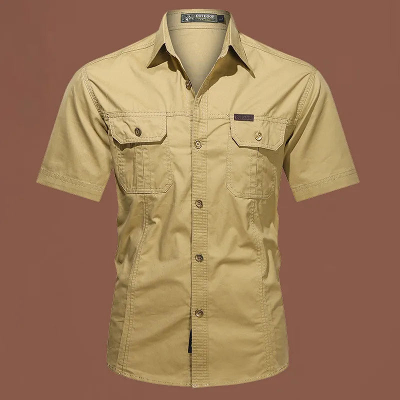 Men's cotton work shirt short sleeve loose fit cardigan style in multiple colours