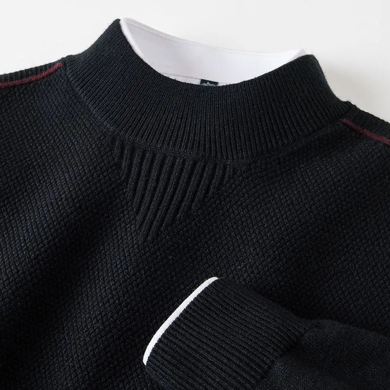 Men's knitted half-turtleneck pullover with inverted triangle jacquard pattern in black, rabbit hair and modal blend