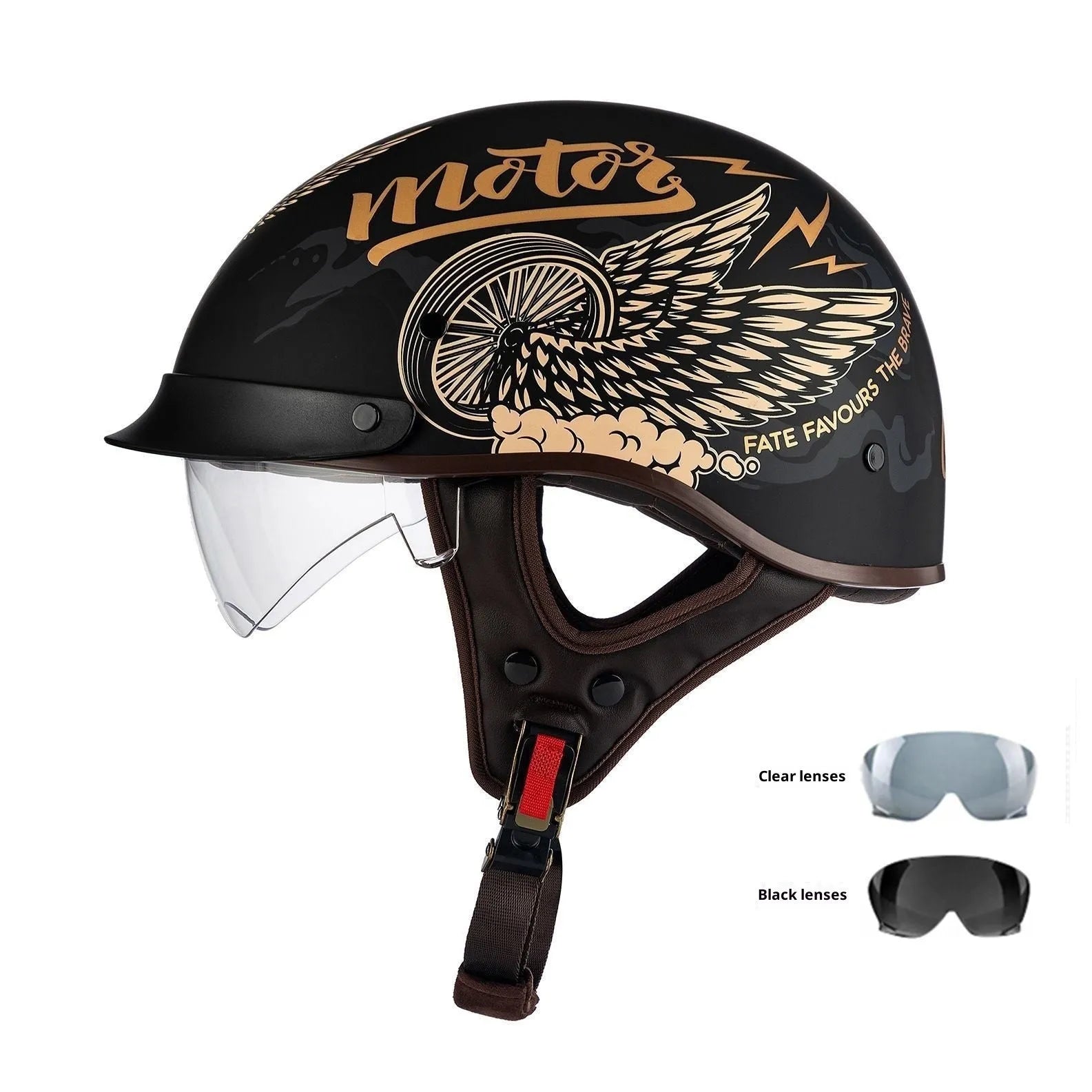 Retro electric motorcycle helmet in bright black with whiskers design on side and front vents