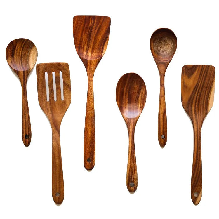 Seven wooden spoon shovels with anti-slip handles for non-stick pan cooking
