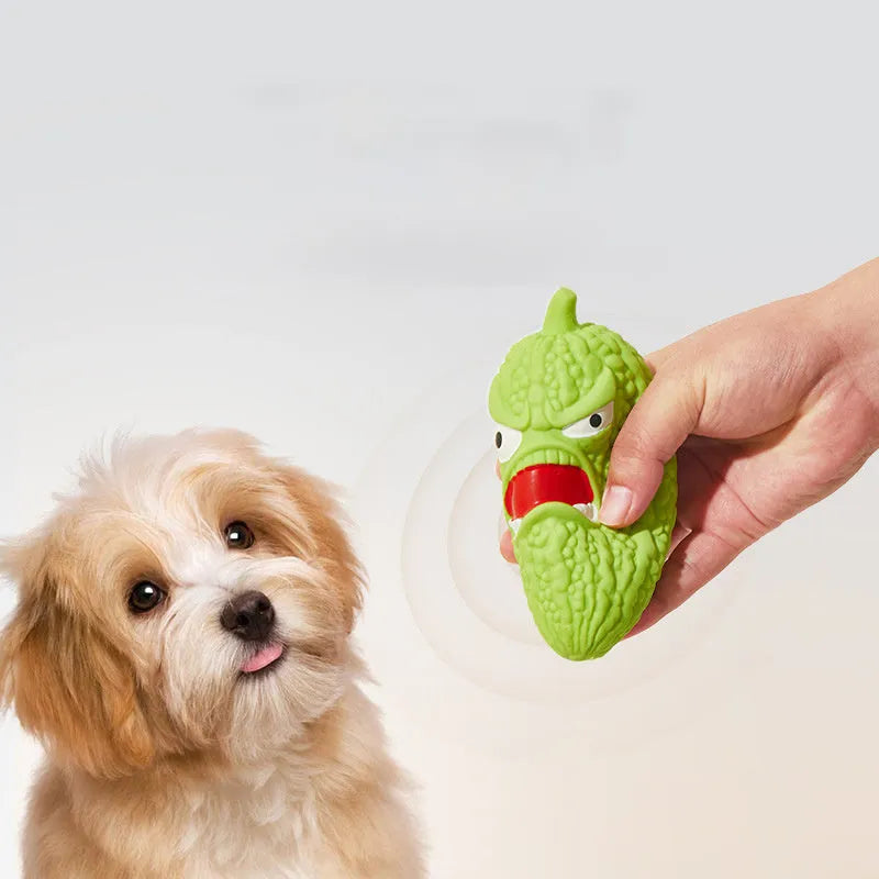 Bitter melon and chili shaped dog chew toy with pet sounds for teeth cleaning