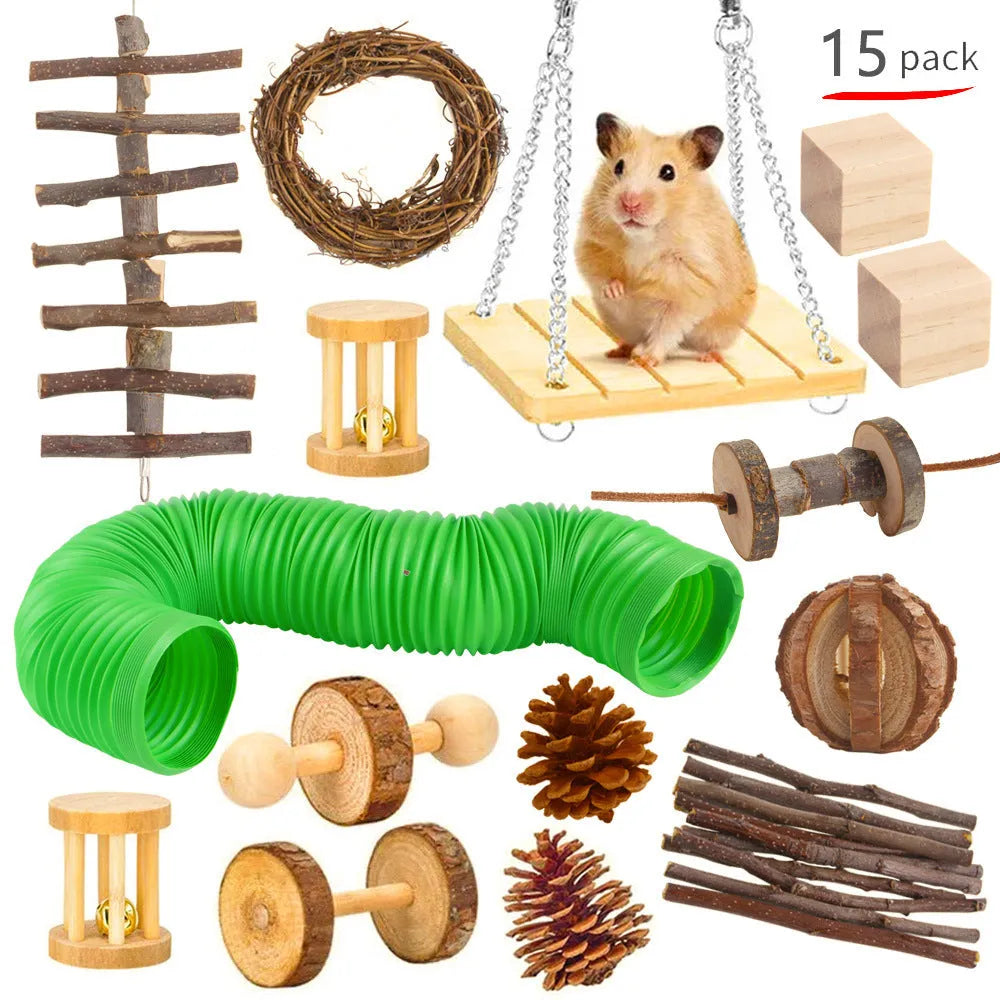 Assortment of natural wooden and woven chew toys for small pets like rabbits and parrots.