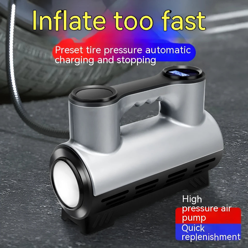 12V portable car tyre inflator with ABS housing showing digital display and three air nozzles