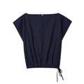 Women's off-neck polyester shirt with flounced sleeves paired with matching wide-leg trousers.