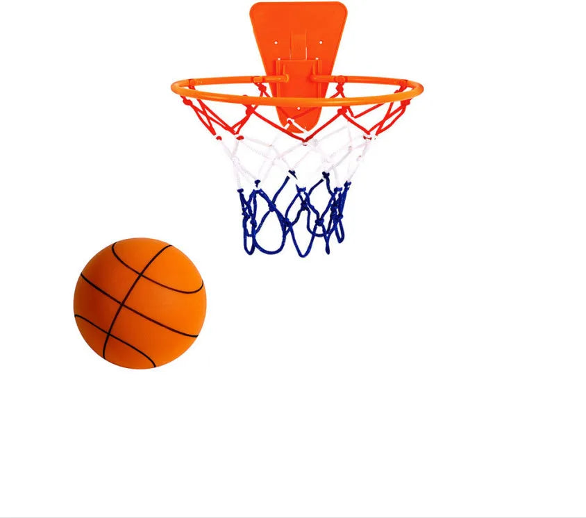 Assortment of bright coloured silent foam basketballs with a basketball frame on a neutral background