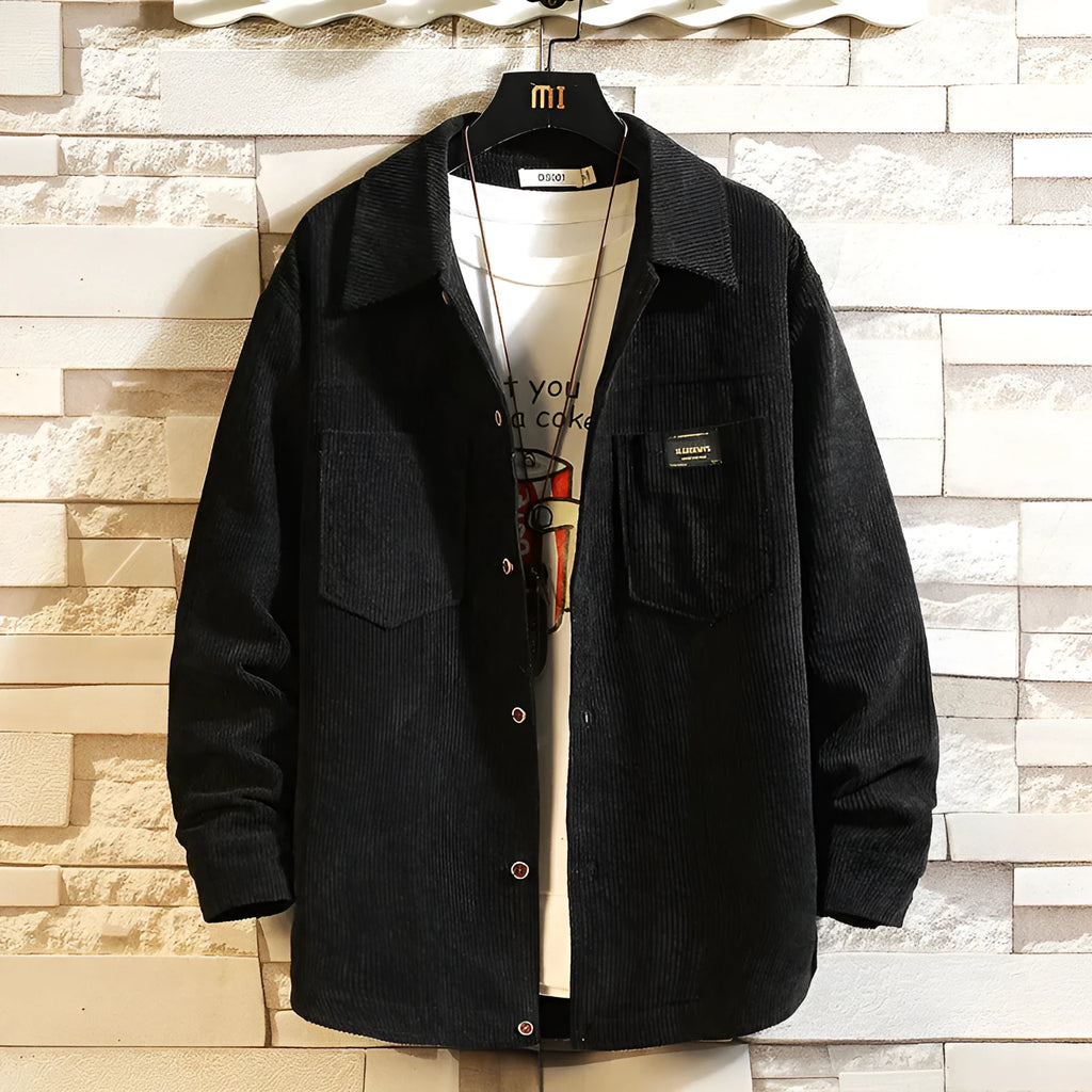 Men's corduroy long sleeve shirt cardigan jacket with lapel collar in apricot, front view