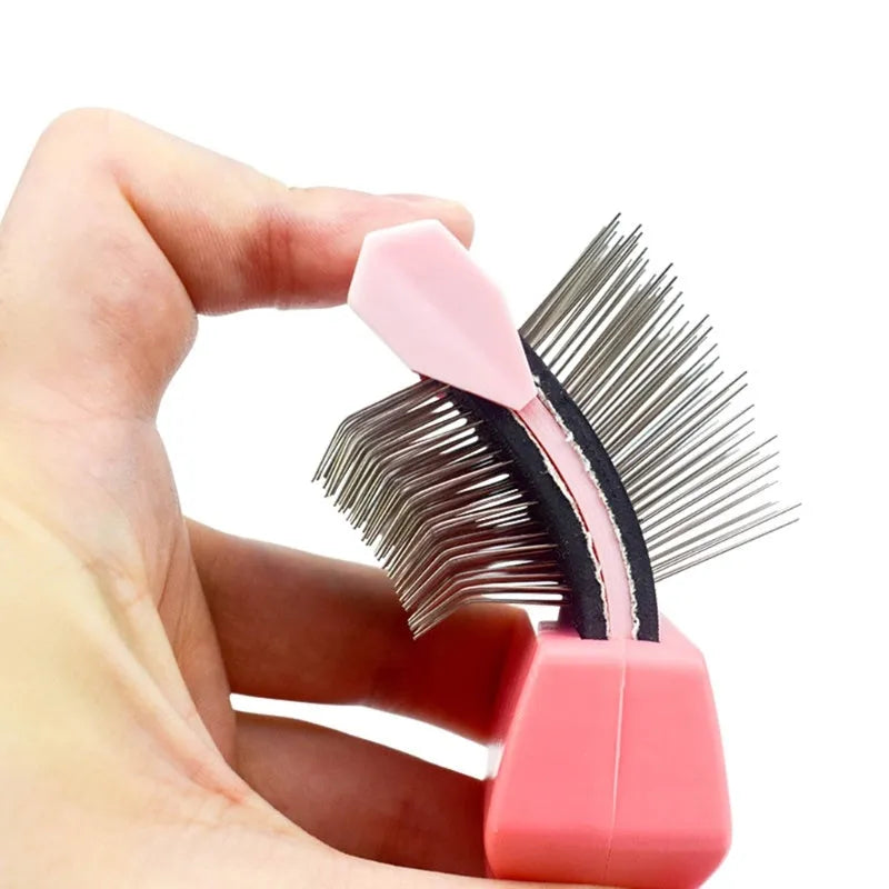 Double-sided pet brush with stainless steel pins and ABS plastic handle in blue or pink colour options