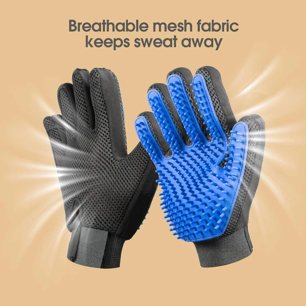 Blue pet grooming gloves with silicone tips for dog and cat hair removal and massage