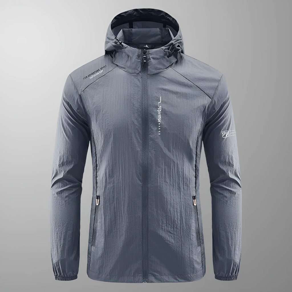 Men's hooded summer jacket in thin nylon fabric, loose fit, available in light grey, dark grey, black, dark blue, and denim blue