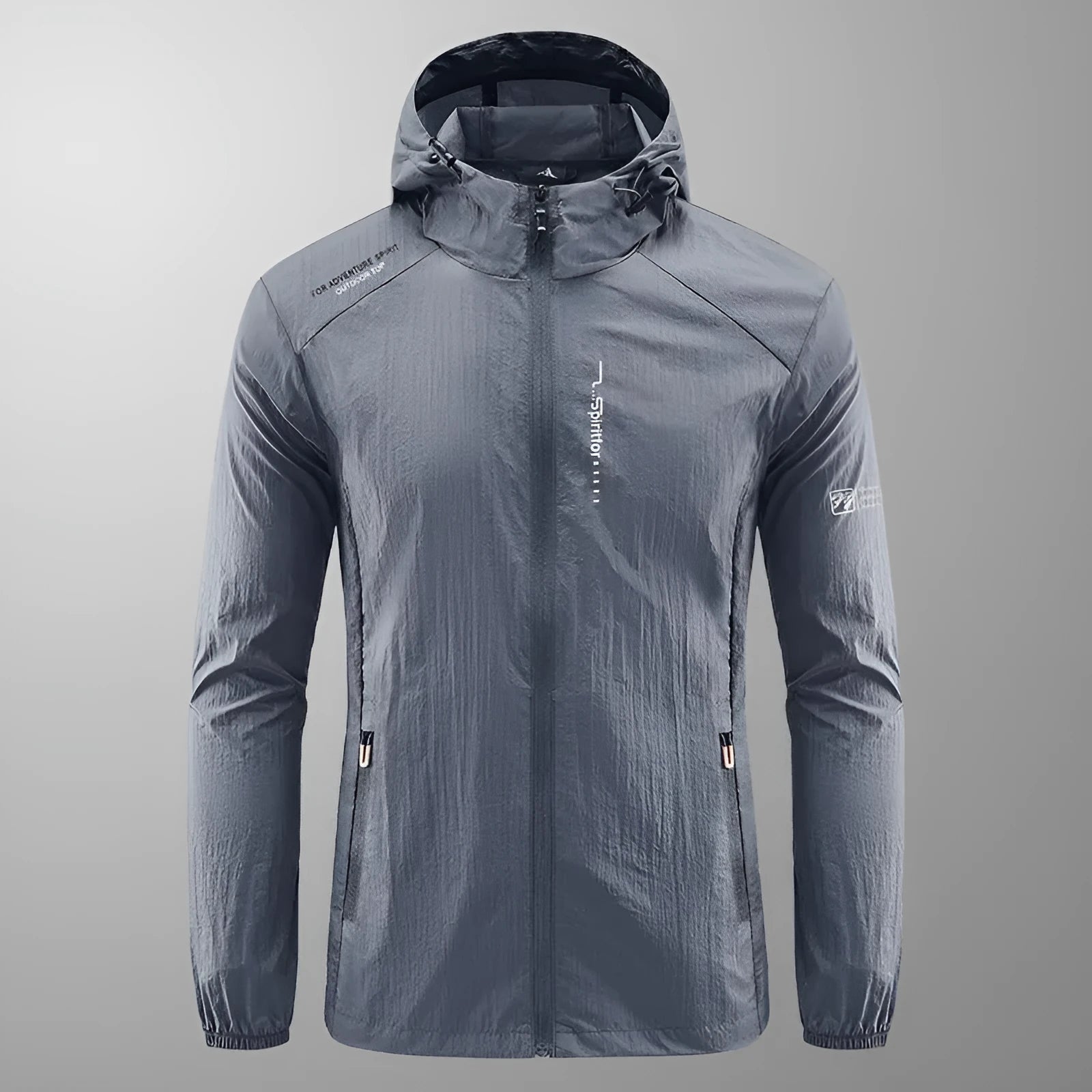 Men's hooded summer jacket in thin nylon fabric, loose fit, available in light grey, dark grey, black, dark blue, and denim blue