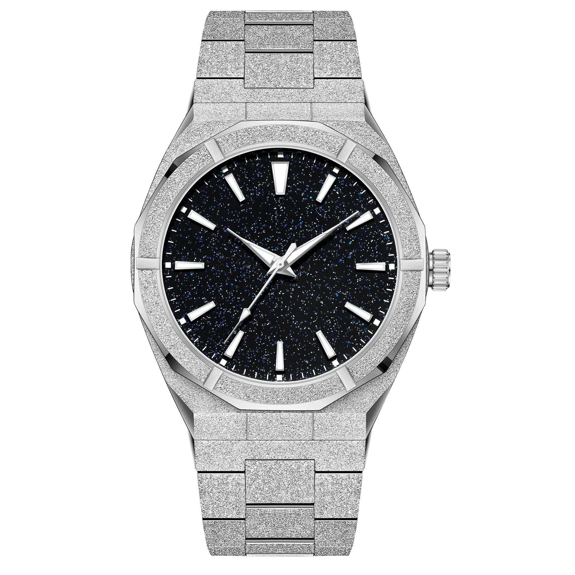 Business men's wristwatch with frosted stainless steel case and luminous hands in silver colour