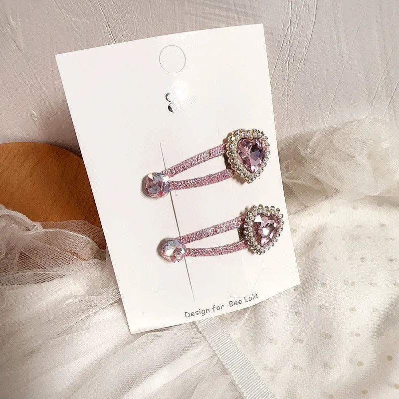 Children's press clip hair accessories set with cloth bows, sequins, pearls, and crystal flowers in pink and beige