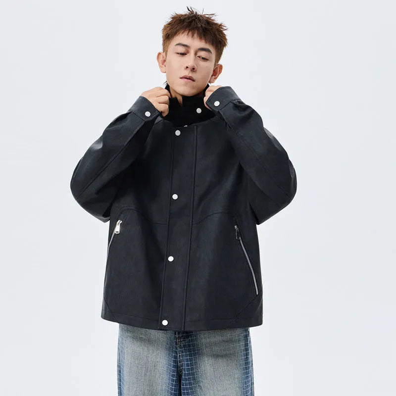 Large size men's PU leather coat with polo collar in khaki, shown on model, size 8XL available