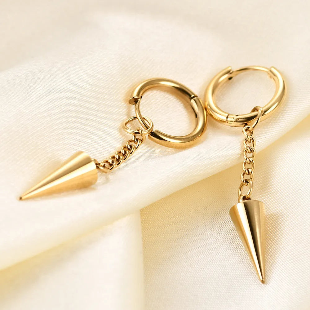 Fashion stainless steel quadrihedron pendant earrings, geometric cone shape, gold electroplated finish, for women