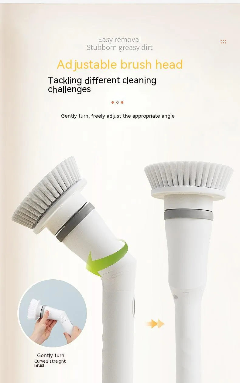 White electric scrubber cleaning brush with long telescopic handle and Type-C charging interface on a floor