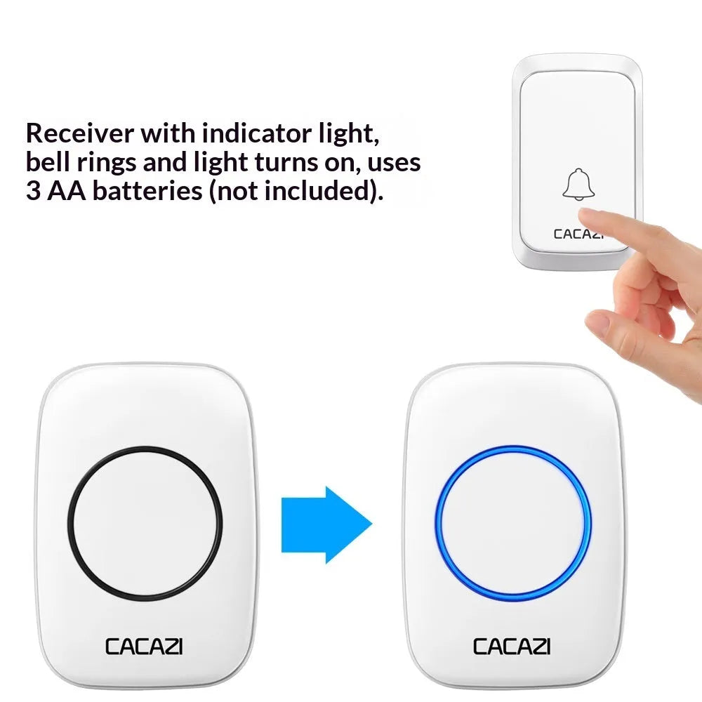Wireless battery-powered DC doorbell with black transmitter and receiver for outdoor use 300 metre range