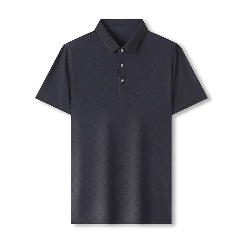 Rhombus brand thin ice silk short sleeve T-shirt for men in black, showing V-neck with slit detail.