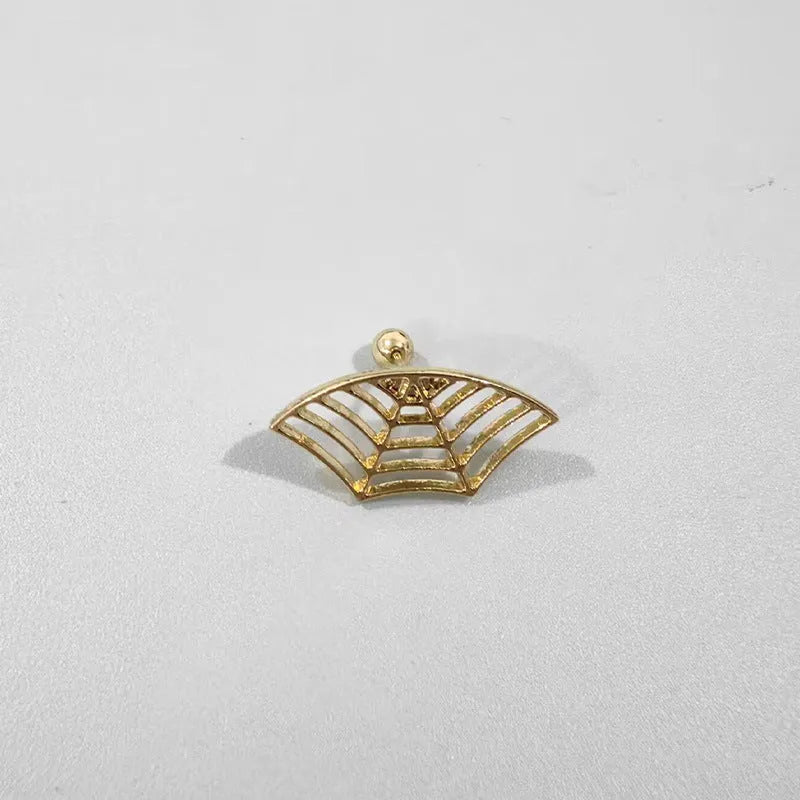 Spider web design stud earrings in gold and silver metal with geometric mesh pattern