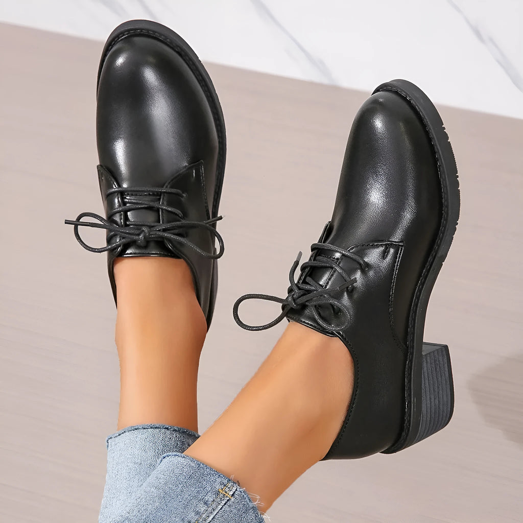 Black women's work shoes with thick chunky heel and professional PU leather upper