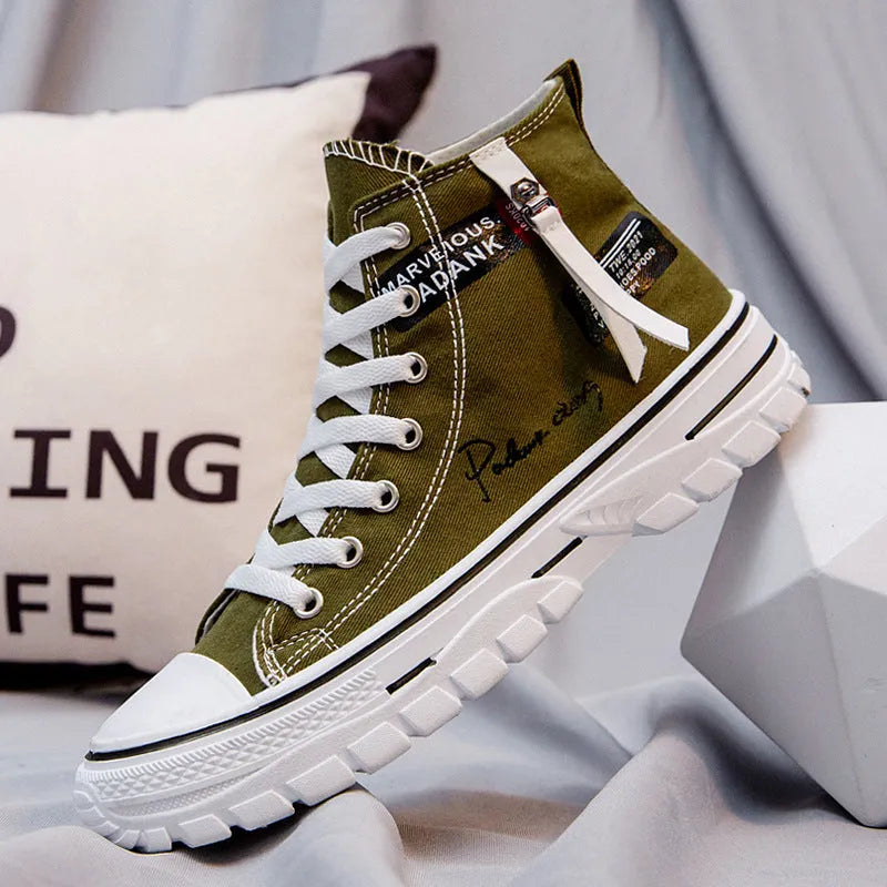 Men's casual canvas high top lace-up shoes in black with letter print pattern, round toe, and front laces