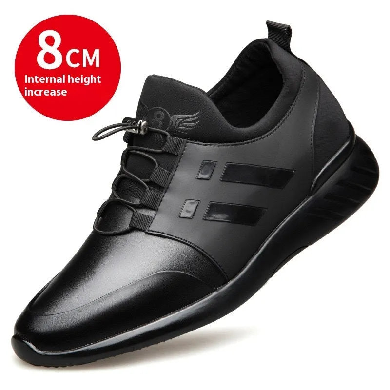 Men's black height increasing casual shoes with hidden 8cm heel in leather or mesh options
