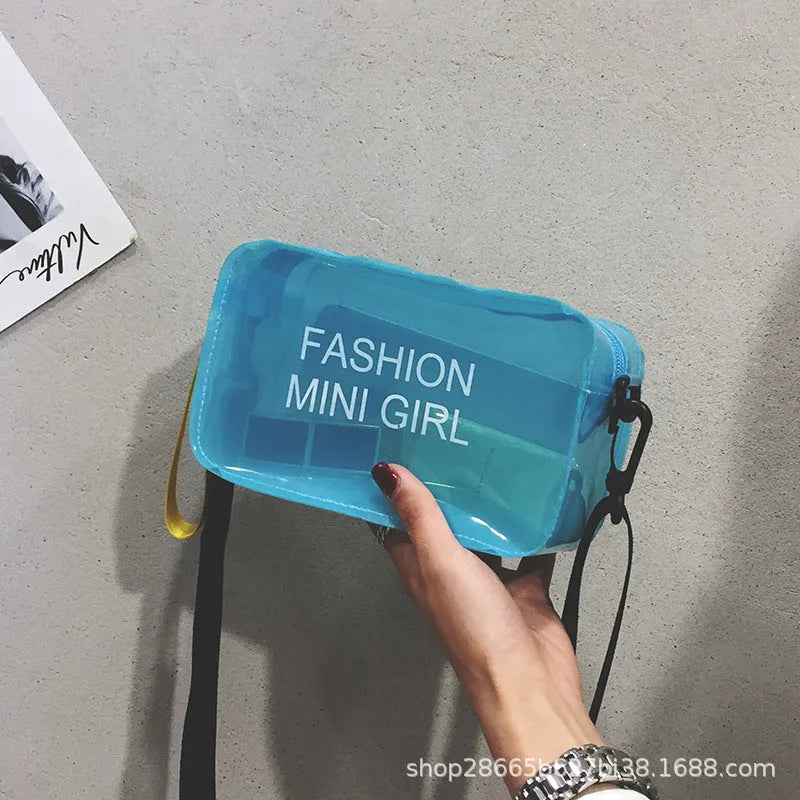 Transparent square jelly crossbody bag with adjustable strap in various colour options