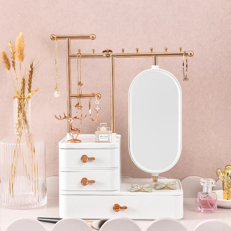 Light luxury cosmetics storage box with mirror in Pearl White, 27x17x18cm plastic desktop organiser