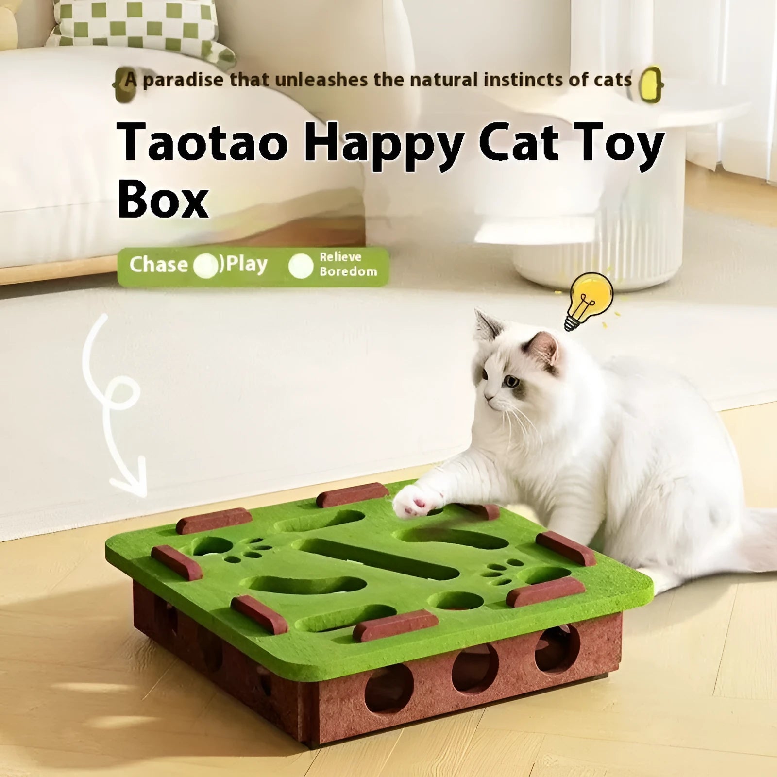 Green brown felt cat toy box with a central hole for catnip.