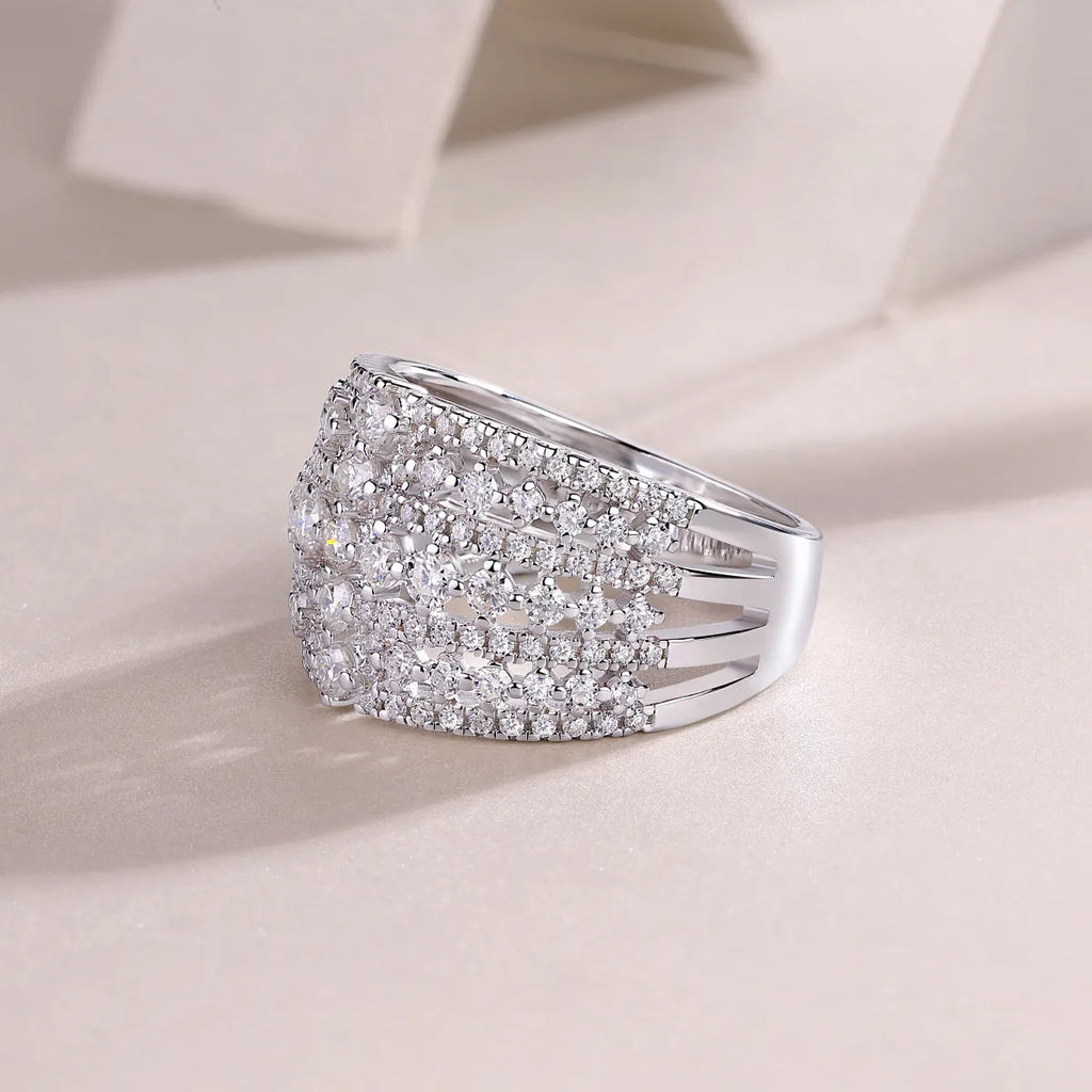 Ballet of Time moissanite wedding ring set in platinum finish with silver band and gift box