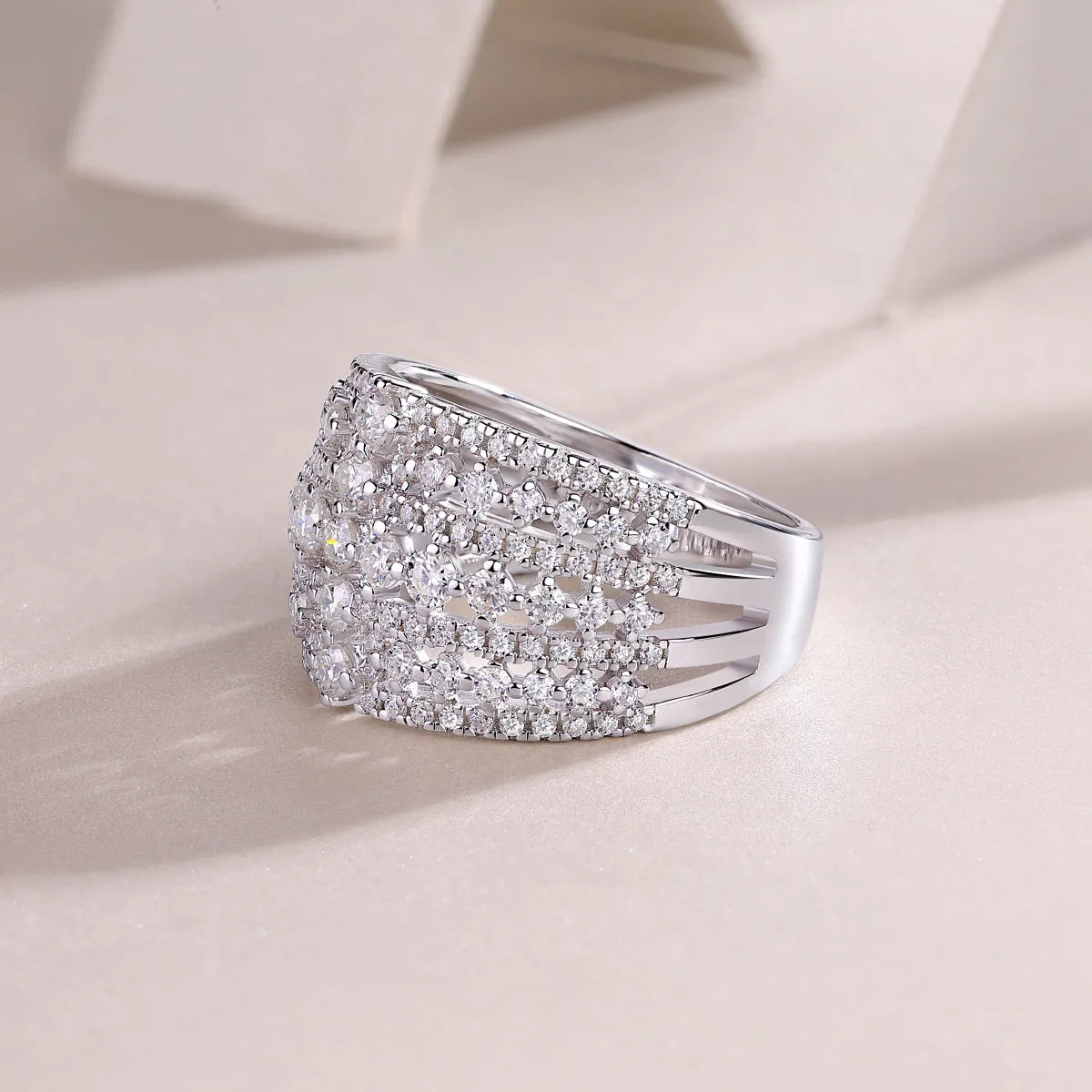 Ballet of Time moissanite wedding ring set in platinum finish with silver band and gift box