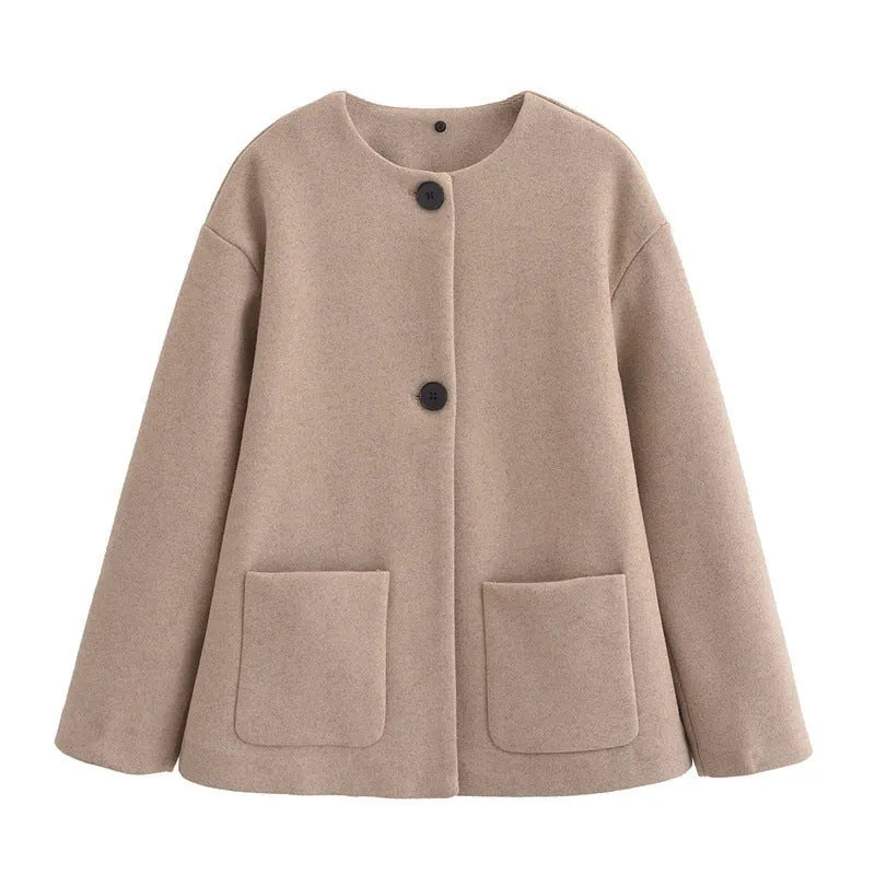 Women's PU leather mixed colour block round neck zipper coat in camel, regular fit long sleeve