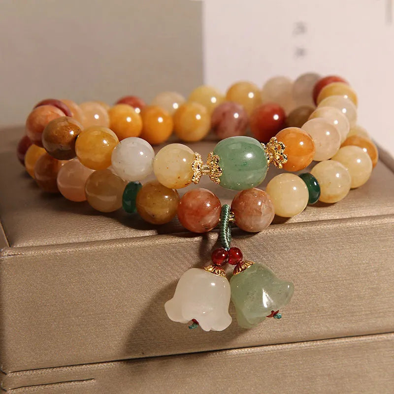 Natural jade multi-strand bracelet with orchid pendant charm for women