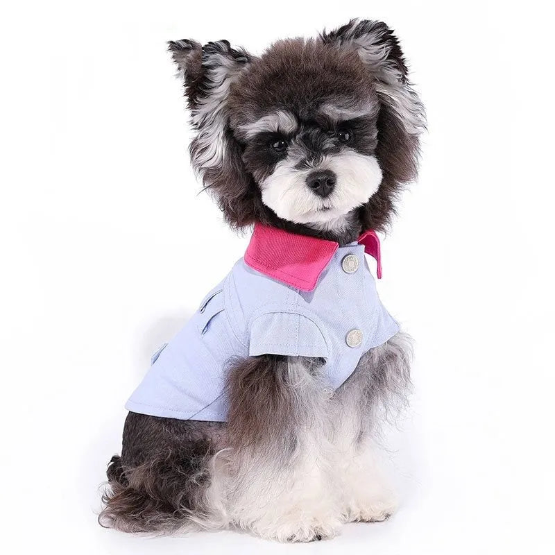 Blue and purple polyester vest for a small dog with a front metal D-ring for a lead.