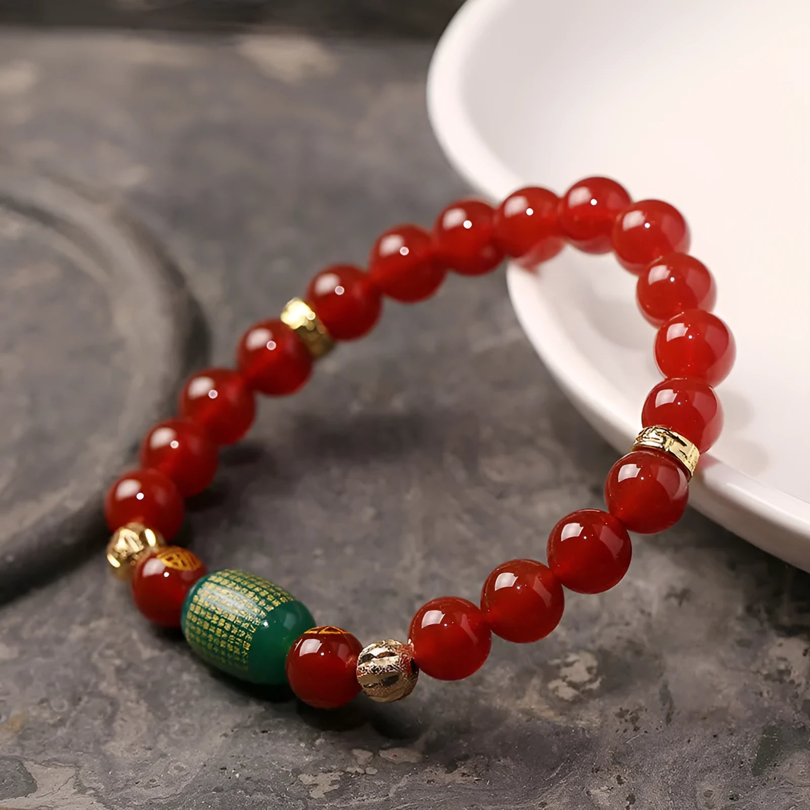 Red agate Guanyin bracelet with edge rosary design and auspicious patterns