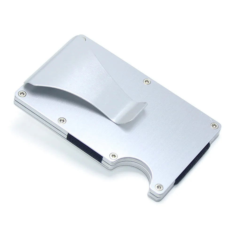 Geometric carbon fibre and aluminium slim card holder wallet in multiple colour options on a table.