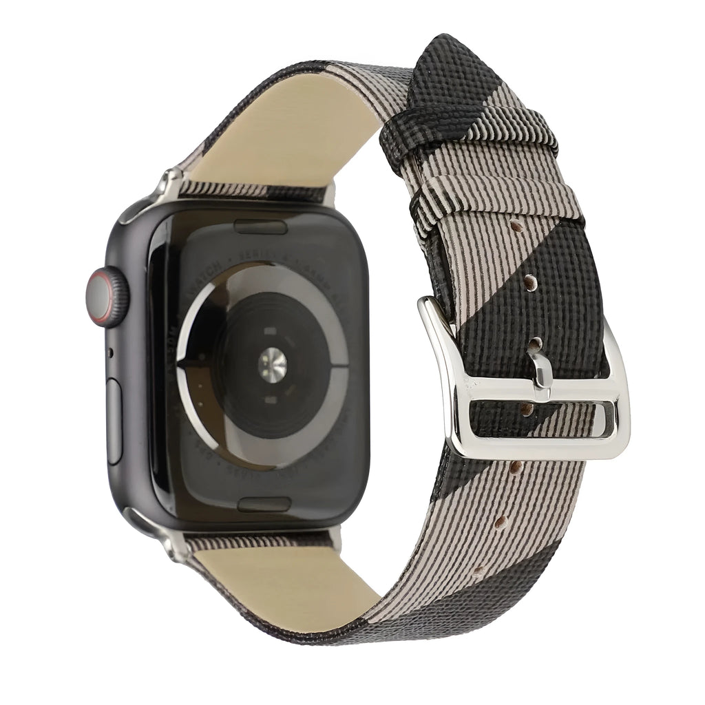 Grey plaid leather-style PU watch strap for 38/40mm or 42/44mm watch cases on a white background