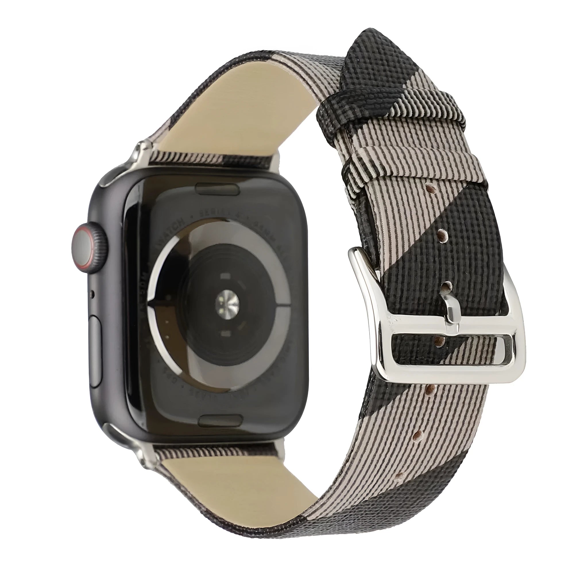 Grey plaid leather-style PU watch strap for 38/40mm or 42/44mm watch cases on a white background